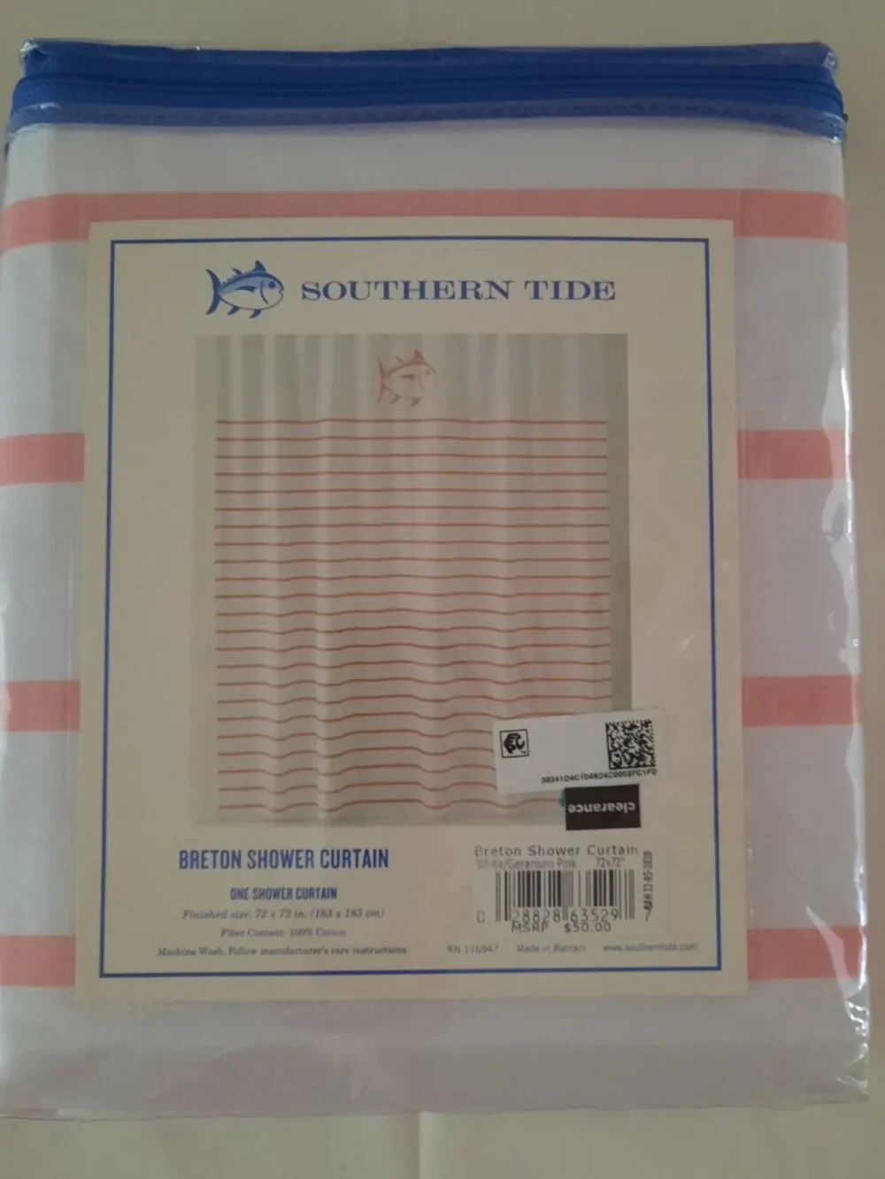 Southern Tide Breton Shower Curtain Geranium Pink/White